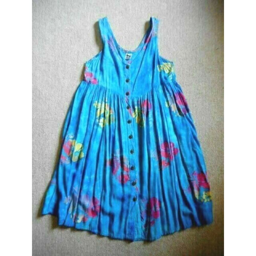 Womens Dress-BALI MOON-HAWAII-blue/green/pink Batik 100% Rayon buttoned slvlss-S